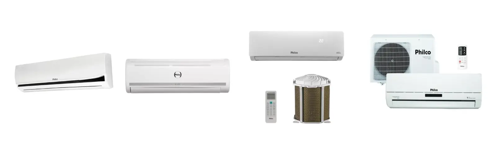 imagens dos modelos de ar-condicionado Philco FM, FM2, FM4 e Inverter