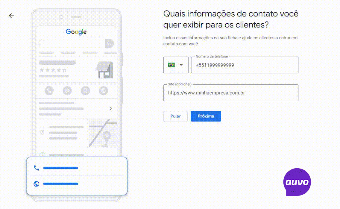 inserindo os meios de contato no perfil da empresa Google