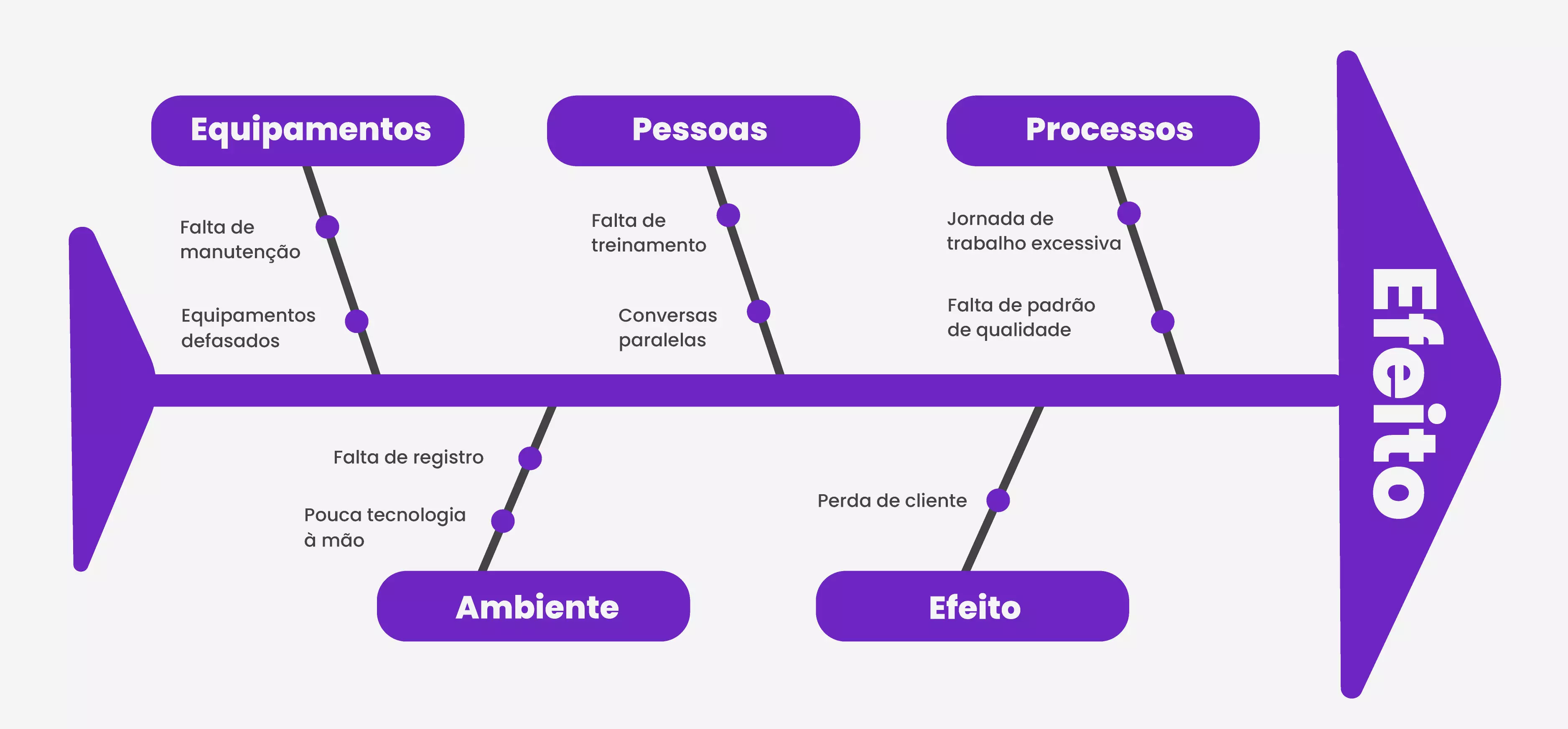 Equipamentos   Falta de manutenção  Equipamentos defasados  Pessoas  Falta de treinamento  Conversas paralelas  Processos  Jornada de trabalho excessiva  Falta de padrão de qualidade  Ambiente  Falta de registro  Pouca tecnologia à mão  Efeito  Perda de cliente